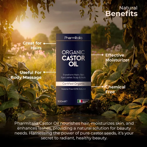 Vista 6 de Pharmlitalia Aceite de ricino orgánico prensado en frío sin refinar, aceite de ricino dorado orgánico para cara, cuero cabelludo, pestañas, cuidado
