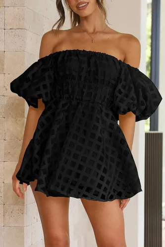 Vista 4 de PRETTYGARDEN Vestido babydoll con hombros descubiertos para mujer, manga corta abombada, casual, acampanado, con volantes, vestidos de verano