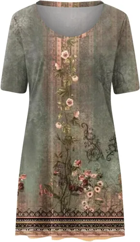 Vista 4 de Mini vestido de verano con estampado floral bohemio para mujer, cuello en V, vintage, acampanado, vestido de playa con hombros descubiertos y manga
