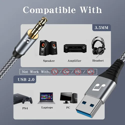 Vista 2 de Adaptador de conector de audio USB a 0.138 in, cable de audio estéreo AUX USB 2.0 a 0.138 in, compatible con laptop, altavoz, soporte de ventanas