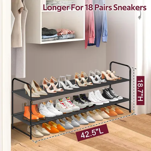 Vista 2 de SLEEPING LAMB Organizador de Zapatos Largo de 2 Niveles para Clóset, Estante de Zapatos Ancho Apilable Sostiene 18 Pares, Estante Bajo de Negro