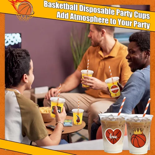Vista 7 de Sieral 36 vasos de plástico de baloncesto de 12 onzas con tapas, popotes y calcomanías, desechables, transparentes, diseños deportivos