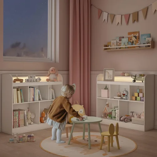 Vista 3 de Lkeiyay Estantería abierta para niños, organizador de juguetes Montessori con luces LED, estantería abierta de madera blanca para niños, dormitorio