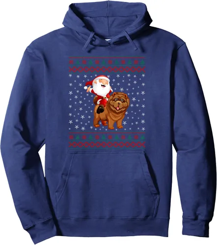 Vista 5 de Funny Ugly Christmas Sweater Santa Riding Chow Chow Dog Pullover Hoodie
