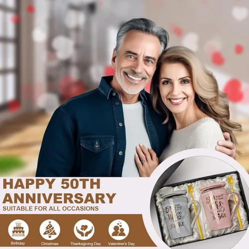 Vista 7 de Biching 50 aniversario de boda para parejas, tazas doradas del 50 aniversario para padres, abuelos, tazas de 14 onzas con cucharas, tapas, tarjeta