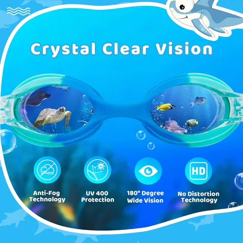 Vista 2 de Vvinca Gafas de natación para niños con correa de tela, sin enredos, sin dolor, antivaho para piscina, sin fugas, para niños y niñas
