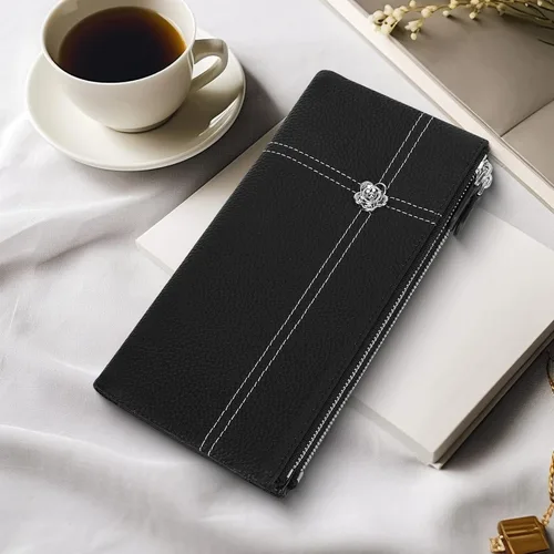 Vista 7 de Pomelo Best Cartera para mujer con bloqueo RFID, de piel auténtica, con múltiples tarjetas de crédito, gran capacidad, con cremallera alrededor