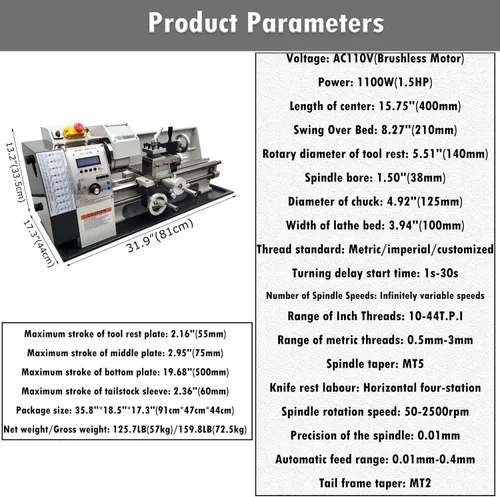 Vista 2 de INTSUPERMAI Mini torno de metal de 8 x 16 pulgadas / torno de sobremesa métrico electrónico sin engranajes automático cambio de métrico/pulgadas