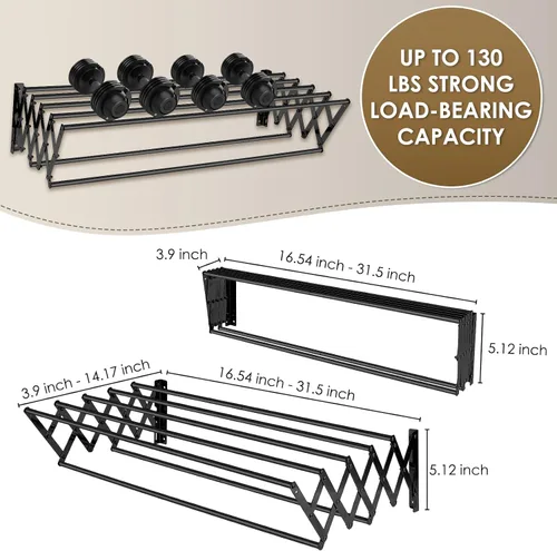Vista 2 de XL-31.5'' Tendedero de Ropa Montado en la Pared, 130 lbs Gran Capacidad Antioxidante Retráctil Plegable Tendedero Fácil Instalación con 7 Varillas