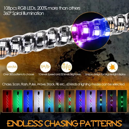 Vista 2 de Nirider 2PCS Luces LED Whip de 1 pie con Poste de Bandera Control Remoto Espiral RGB Luz de Persecución Todoterreno Antena Iluminada de Advertencia
