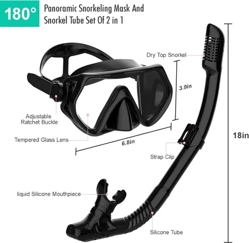 Vista 5 de Equipo de esnórquel para adultos, juego de máscara de esnórquel JRing con vidrio templado de 180 grados, gafas antivaho para buceo, esnórquel