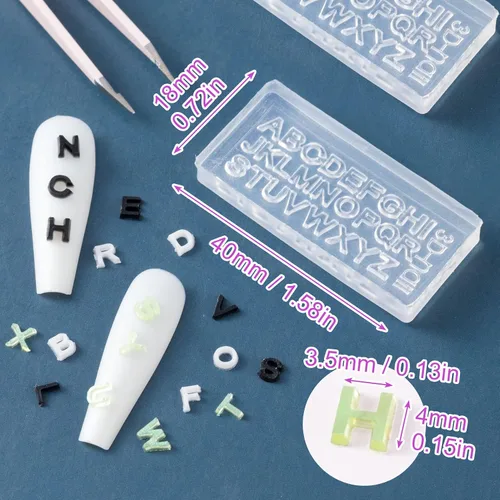 Vista 2 de 6 juegos de moldes de silicona con letras 3D, moldes de resina transparente del alfabeto, 26 alfabetos A-Z para dijes de arte de uñas, colgantes