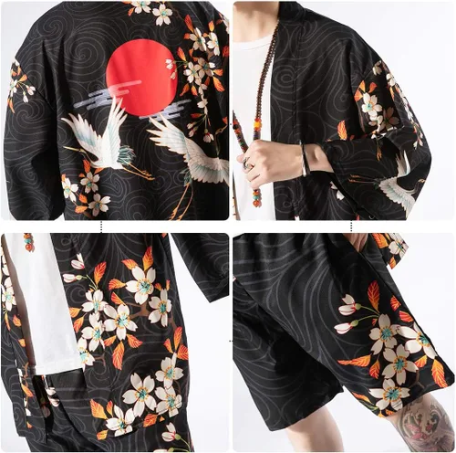 Vista 7 de PRIJOUHE Mens Kimono Two Piece Set Japanese Yukata Summer Beach Outfits