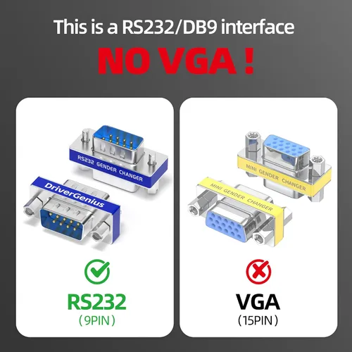 Vista 2 de DriverGenius RD232M2M DB9 Serial RS232 COM Cambiador de género para adaptador de cable USB a serie RS232 (macho/macho)