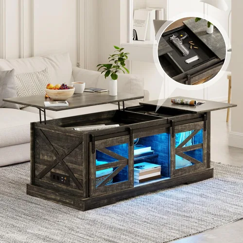 Vista 3 de Mesa de centro de granja, mesa de centro elevable con gabinete para pistola, 2 puertas corredizas de granero, gran almacenamiento y 3 luces LED