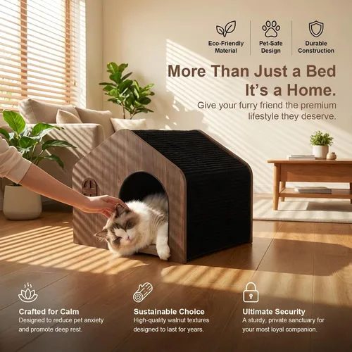 Vista 3 de Casa moderna de madera para gatos de interior, cama cueva cerrada de grado