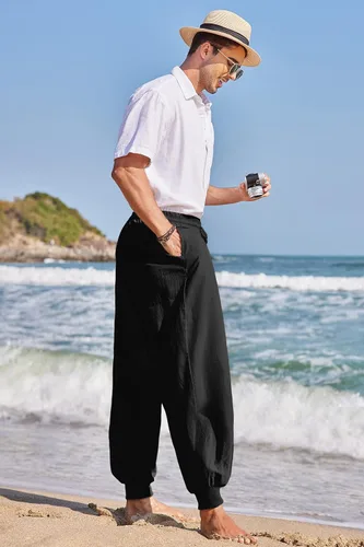 Vista 4 de COOFANDY Pantalones de harén hippie para hombre, holgados, de lino, bohemio, para yoga, casual, con entrepierna caída, pantalones