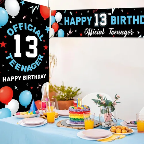 Vista 3 de Kit de decoración de pancarta de fondo de cumpleaños de 13 años, decoración de feliz cumpleaños número 13 para niños y niñas, suministros oficiales