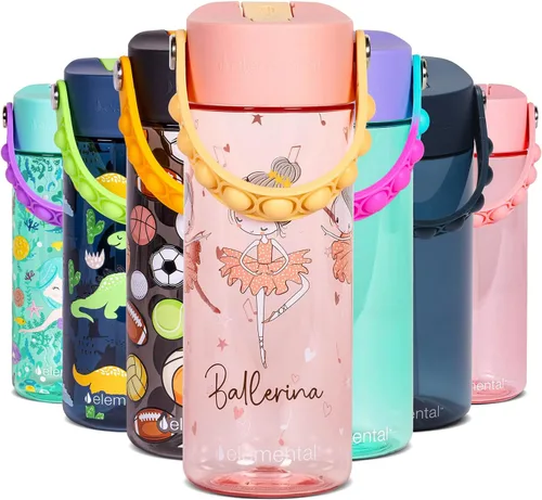 Vista 28 de Elemental Botellas de agua para niños – Botella de agua para niños Splash para la escuela con mango Pop-it – Botella de agua de plástico Tritan sin