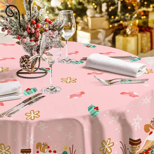 Vista 3 de Mantel de Navidad rosa con diseño de casa de jengibre, renos, mantel redondo de Navidad para fiestas de Navidad, 60 x 60 pulgadas