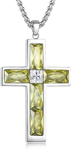 Vista 15 de Collar de cruz con piedra de nacimiento para hombre, collar de cruz de acero inoxidable 316L con colgante de cruz de circonia cúbica para mujer