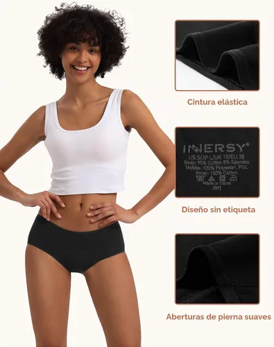 Vista 5 de INNERSY Ropa Interior de Período para Mujeres y Adolescentes, a Prueba de Fugas, Menstrual, de Algodón, Protectora, Estilo Hipster, 3 Unidades Flujo