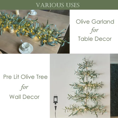 Vista 4 de Hairui Árbol de olivo iluminado para colgar en la pared con temporizador de 3.5 pies, 140 luces LED de color blanco cálido, guirnalda de vid