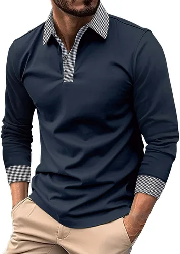 Vista 14 de Polo de manga larga para hombre, diseño casual de algodón con bolsillo, cuello clásico con botón para golf