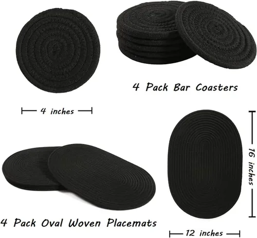Vista 3 de Paquete de 4 manteles individuales de tejido ovalado y juego de 4 posavasos redondos de tela, manteles resistentes al calor, antideslizantes, Negro