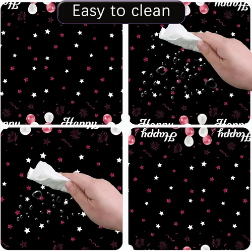 Vista 5 de MRJ Black Party Supplies - Paquete de 3 manteles de feliz cumpleaños con estrellas rosas y negras, decoraciones perfectas para fiestas de cumpleaños