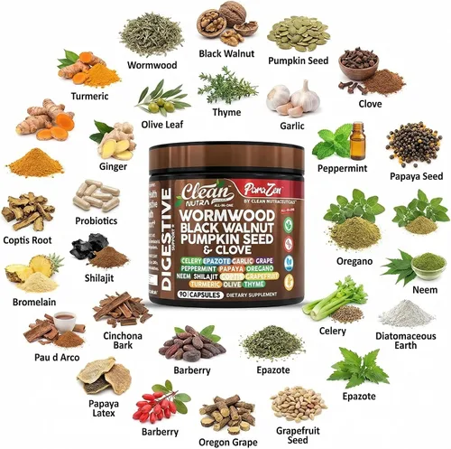 Vista 4 de Clean Nutra Ajenjo Nuez Negra Semilla de Calabaza Aceite de Clavo Apio Ajo Uva Papaya Neem Tierra de Diatomeas Probiótico para Mujeres Salud