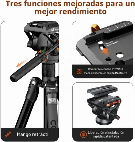Vista 2 de Trípode con cabeza fluida para videocámara DSLR, monopié trípode de cámara con panorámica de 360° y +90°/-70° de inclinación, nueva cabeza fluida Q6