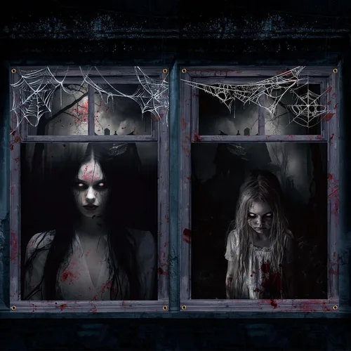 Vista 18 de Newwiee - 2 cortinas de Halloween aterradoras con silueta para ventana, decoración, póster temático para interiores y exteriores, fiestas, paredes