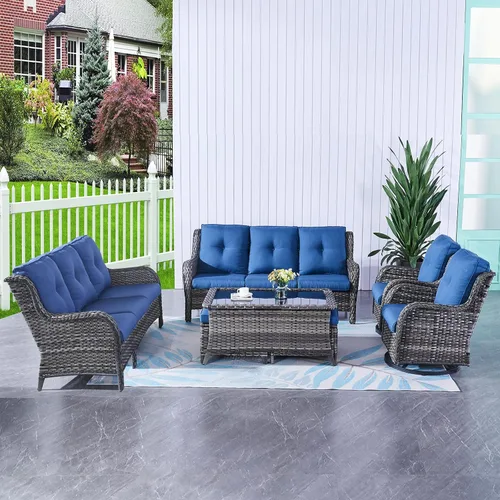Vista 69 de HUMMUH Juego de 2 Sillas Giratorias Mecedoras de Mimbre para Patio Exterior, Juego de Muebles de Sillas Mecedoras de Ratán (Marrón, Azul) 50,000