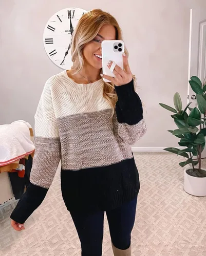 Vista 5 de Dokotoo - Suéteres de bloque de color para mujer, suéter de manga larga con cuello redondo, suéter sin botones.