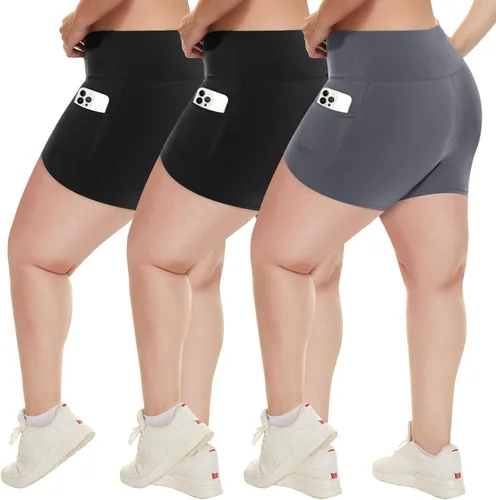 Vista 9 de HLTPRO 3 Pack Plus Size Biker Shorts for Women, Pocket & No-Pocket Options Negro/Beige Rosa/ Gris