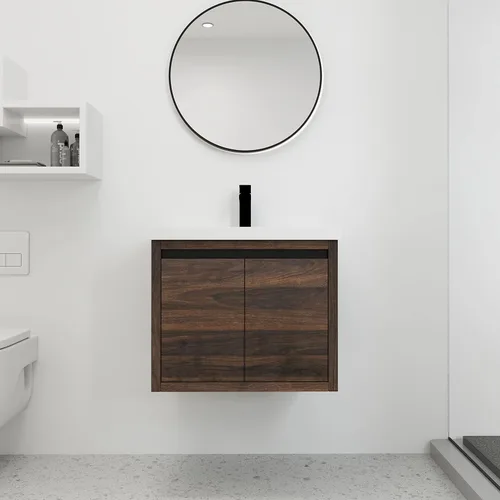 Vista 3 de Juego de tocador de baño de 24 pulgadas con lavabo de gel montado en la pared, diseño moderno, gabinete de montaje de flotador, tocador de baño