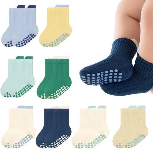 Vista 9 de 8 Pairs Baby Toddler Socks Non-Slip Grip Socks for Boys Girls Newborn Infant Baby Cotton Crew Sock with Grips 0-5T