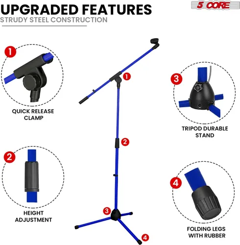 Vista 7 de 5 Core Soporte de micrófono de piso universal de altura ajustable trípode soportes de micrófono w brazo telescópico extensible plegable portátil w 2