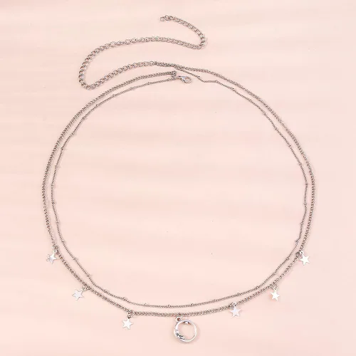 Vista 6 de Cadena de cintura con estrellas y luna en capas, cadena de vientre ajustable multicapa, cadena de vientre para verano, playa, bikini, cadena