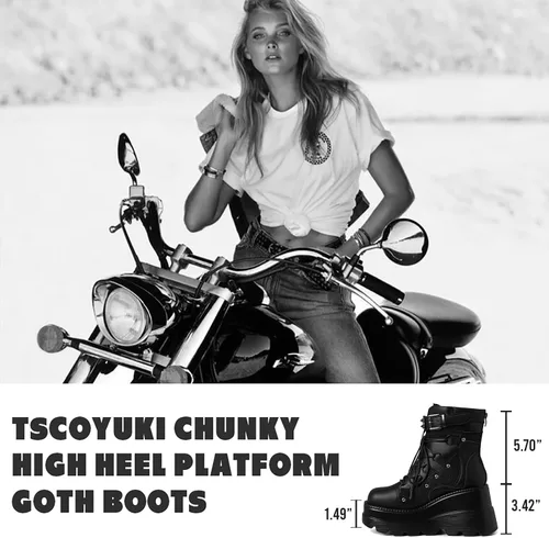 Vista 4 de Tscoyuki Botines de plataforma para mujer, botines de tacón alto gruesos, botas de combate góticas, botas de combate para mujer, con cordones, cuñas