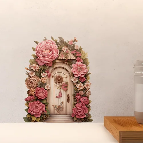 Vista 6 de Peony Flower Garden House - Adhesivo de pared para puerta de hadas