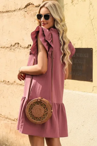 Vista 4 de Dokotoo Vestidos de verano para mujer 2025 con cuello en V con cordón y volantes, manga corta, bolsillos laterales, mini vestido de verano