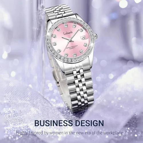 Vista 2 de Pulsera de metal con correa impermeable para mujer, cuarzo, calendario, cronógrafo, relojes de pulsera para mujer (plata + rosa), PlataRosa, Reloj