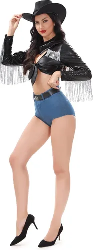 Vista 2 de Funna Disfraz de vaquera para mujer, traje de Halloween de 5 piezas con sombrero y cinturón bandana