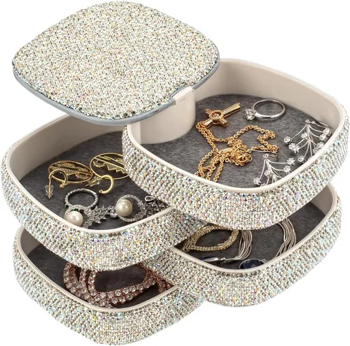Vista 4 de UPPWOO Bling Jewelry Organizer - Caja de almacenamiento portátil pequeña para joyas, estuche brillante para mujeres, bandeja de joyería giratoria