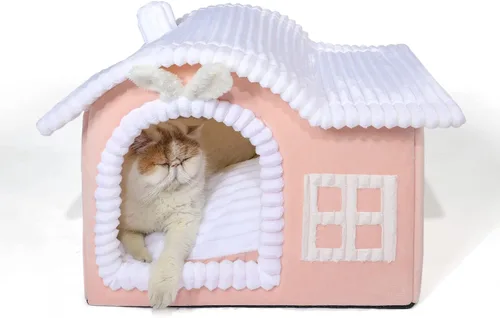 Vista 8 de Jiupety Casas de Gatos con Forma de Oso para Gatos de Interior, Cueva de Cama para Gatos Linda con Chimenea, Suficiente Espacio Interior, Casa Suave