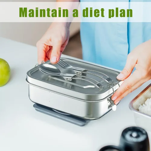 Vista 4 de Umigy Lonchera Bento de acero inoxidable, 2 unidades, con cuchara plegable, tenedor, 3 compartimentos, contenedor de alimentos de acero inoxidable