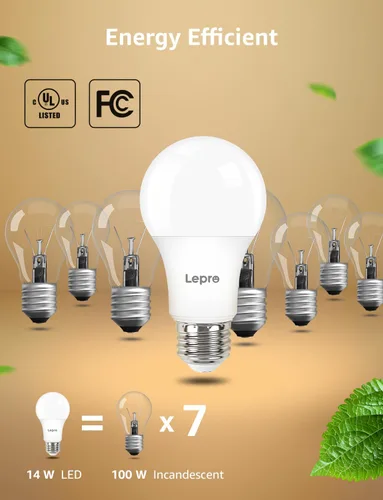 Vista 5 de Lepro Bombillas LED regulables equivalentes a 100 W, 14 W, 1500 lúmenes, blanco cálido suave 2700 K, base media estándar A19 E26, certificación UL