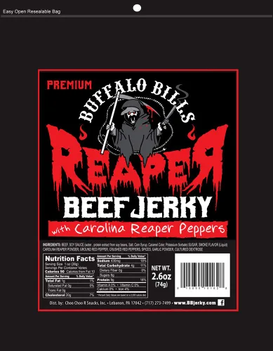 Vista 2 de Buffalo Bills 2.6oz Reaper Beef Jerky paquete de 3 (carne seca hecha con pimientos Carolina Reaper)